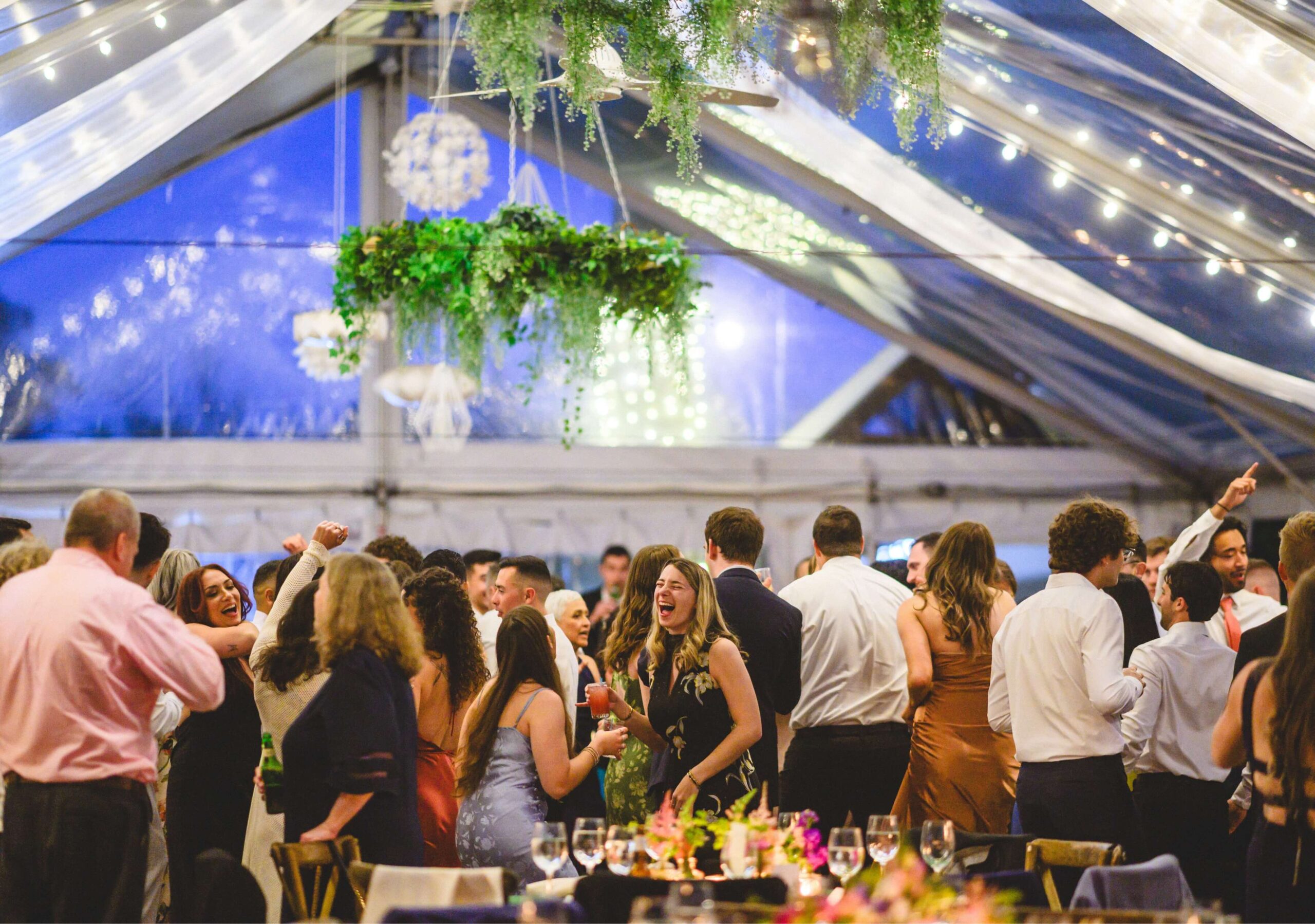 People dancing and socializing at an indoor event under a clear tent with hanging plants and string lights.