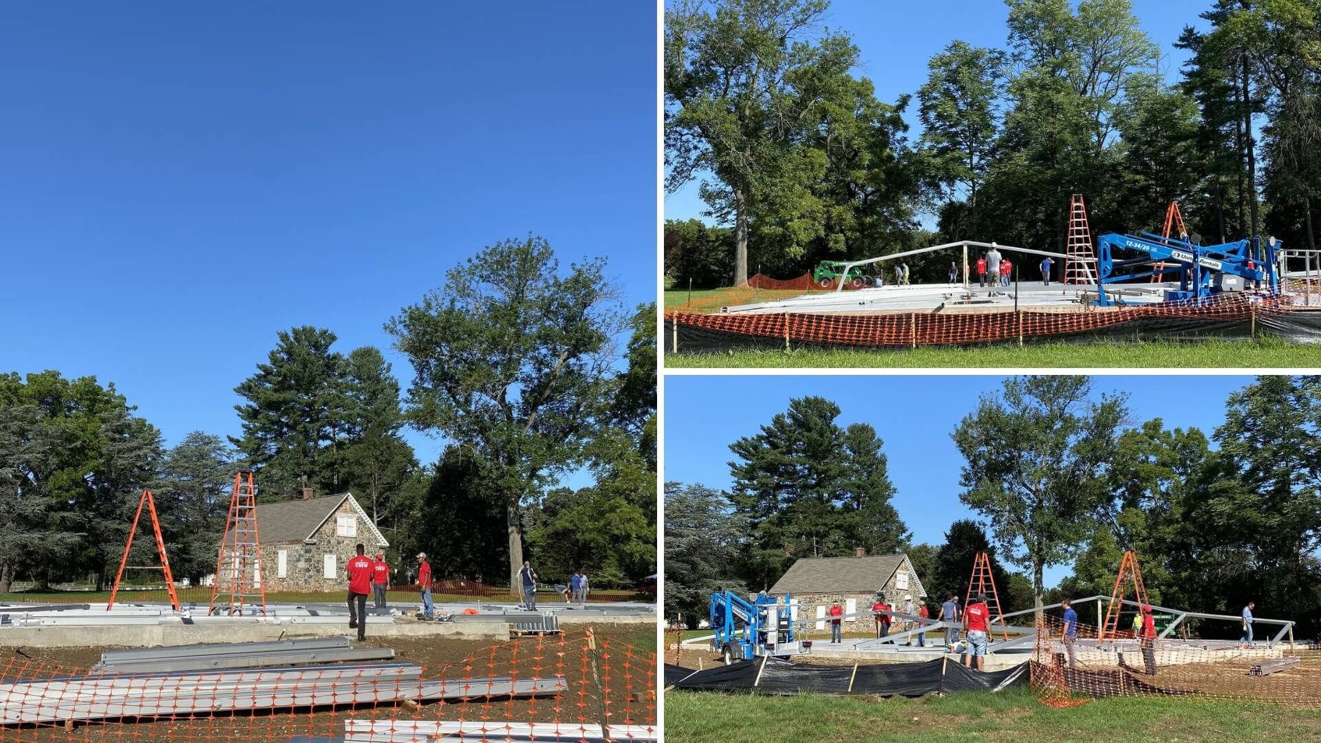 Three images showing a construction site in a green area with trees and a small building. Workers and equipment are present, along with orange safety fencing around the site.