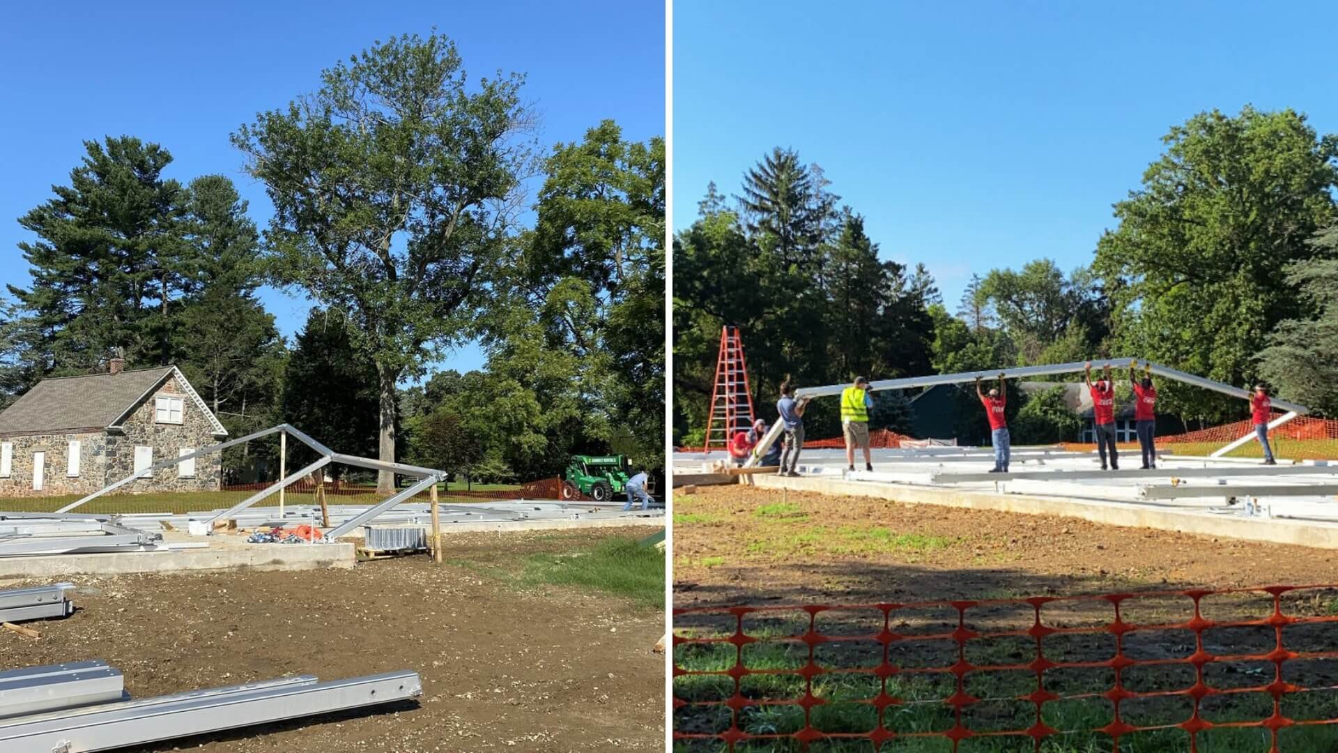 Two side-by-side images showing workers assembling a metal structure on a construction site with trees in the background.