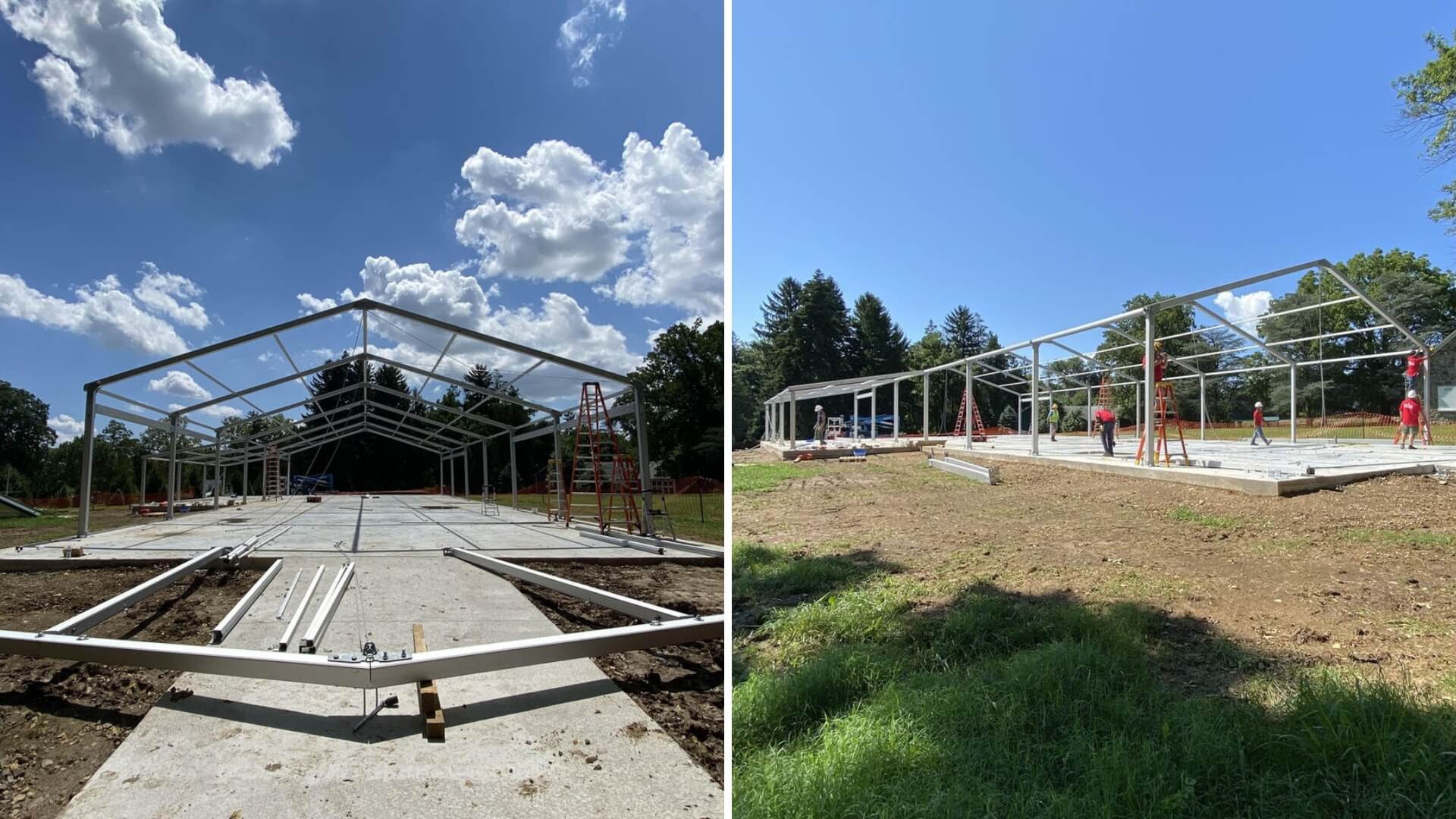 Side-by-side images of metal frame construction on a concrete slab. The left shows open sky, and the right includes partial assembly with workers and trees in the background.