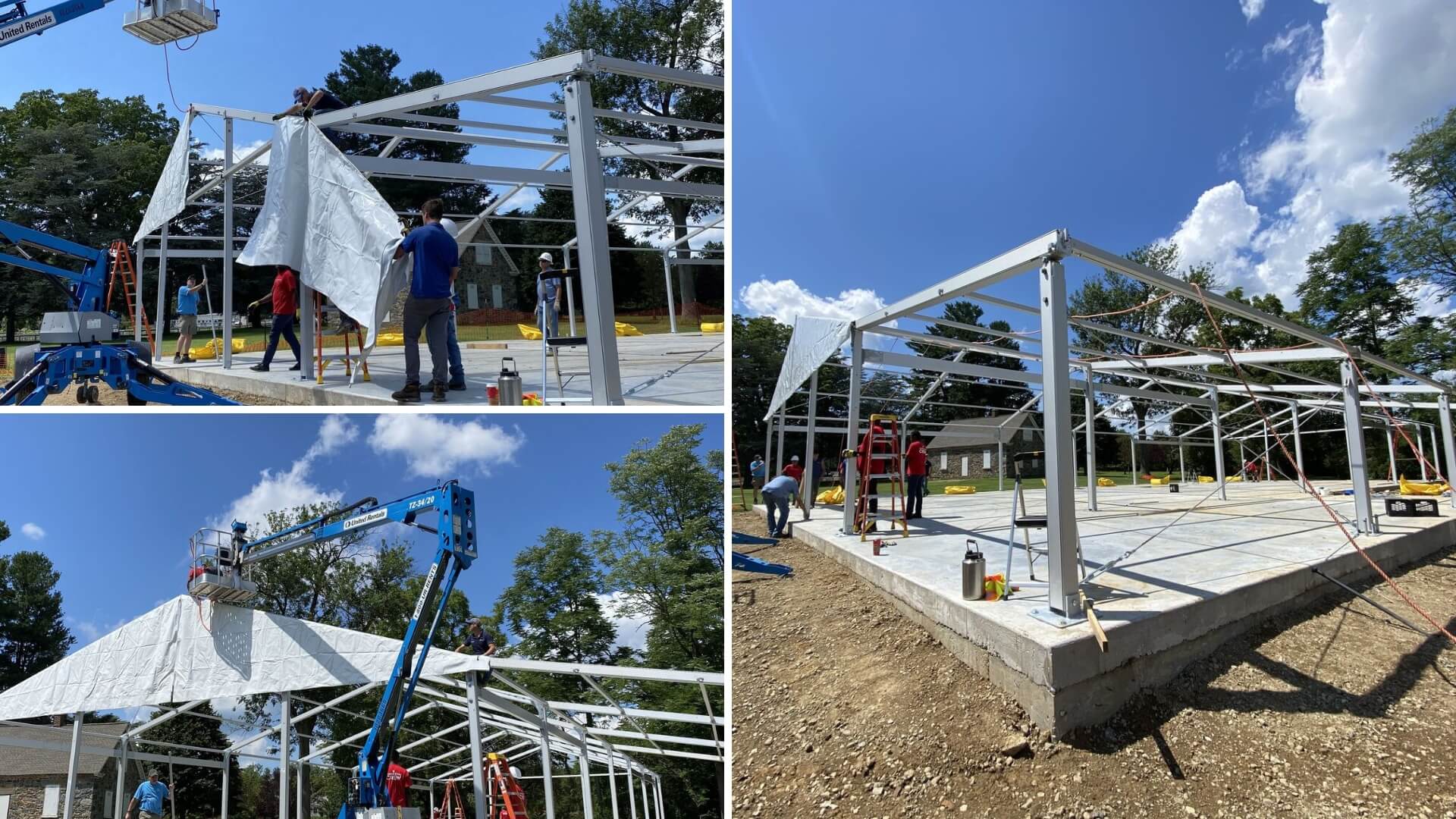 Three images showing a construction site: workers assembling a large metal frame on a concrete foundation, using scaffolding and cranes under a clear blue sky.
