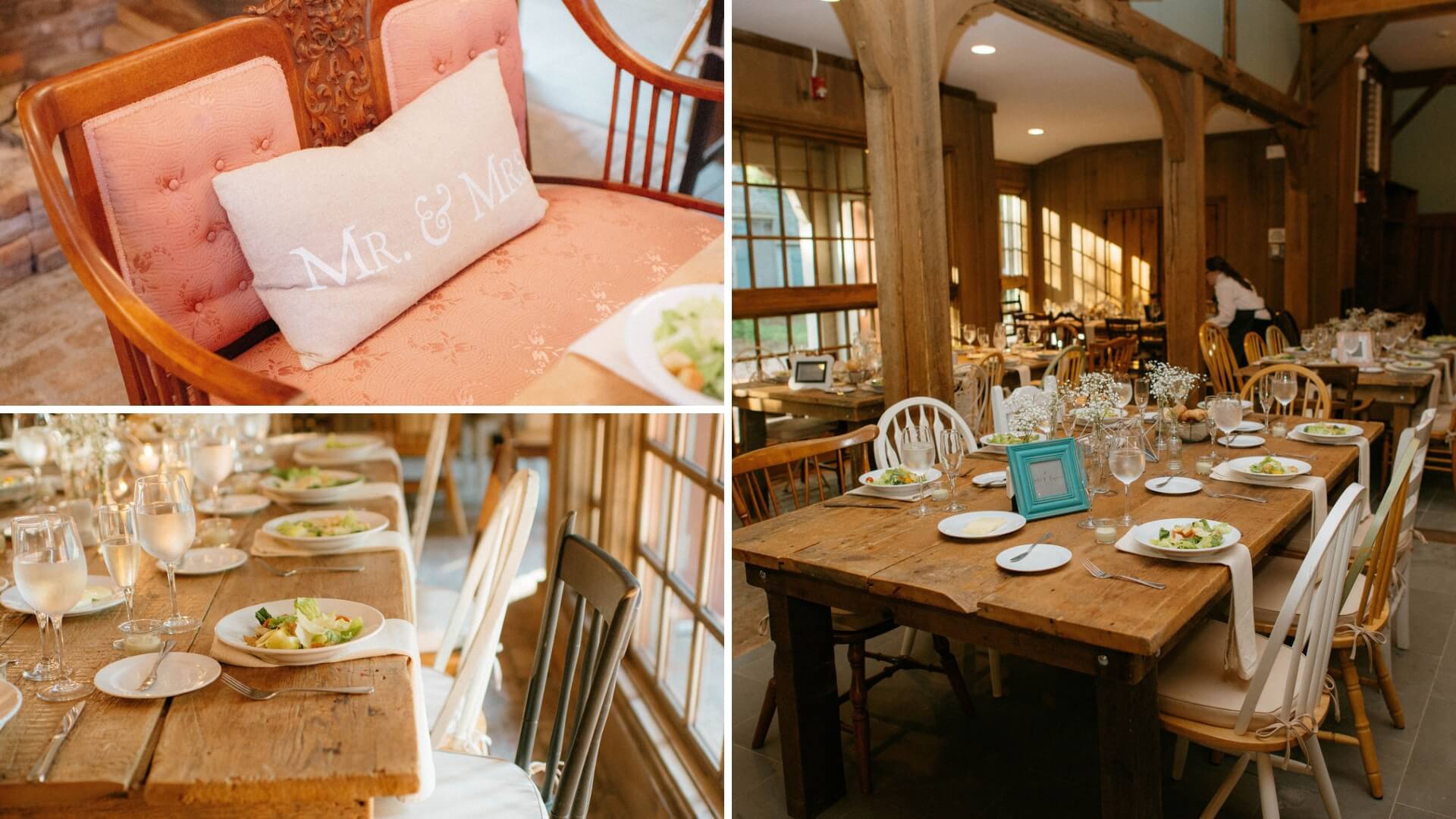 Rustic wedding reception setup with wooden tables, assorted chairs, and a "Mr. & Mrs." cushion on a bench. Tables are set with plates, wine glasses, and salads.
