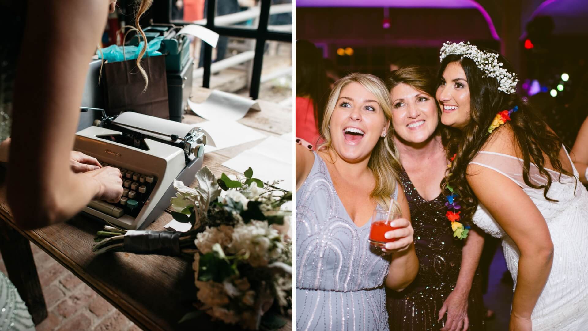 Left: Person typing on a vintage typewriter beside flowers. Right: Three smiling people, one in a wedding dress, posing for a photo at a party with colorful lights.