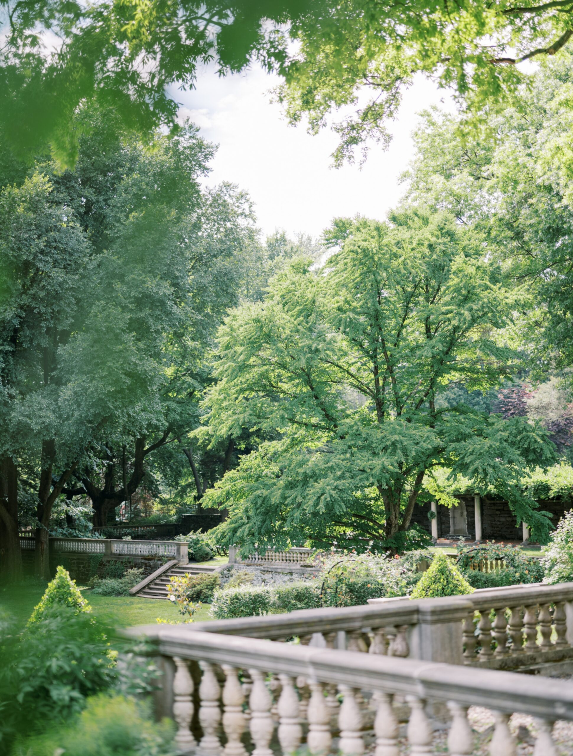 Lush garden with large trees and trimmed shrubs, bordered by a stone balustrade. A staircase leads to a lower area, surrounded by greenery under a bright sky.