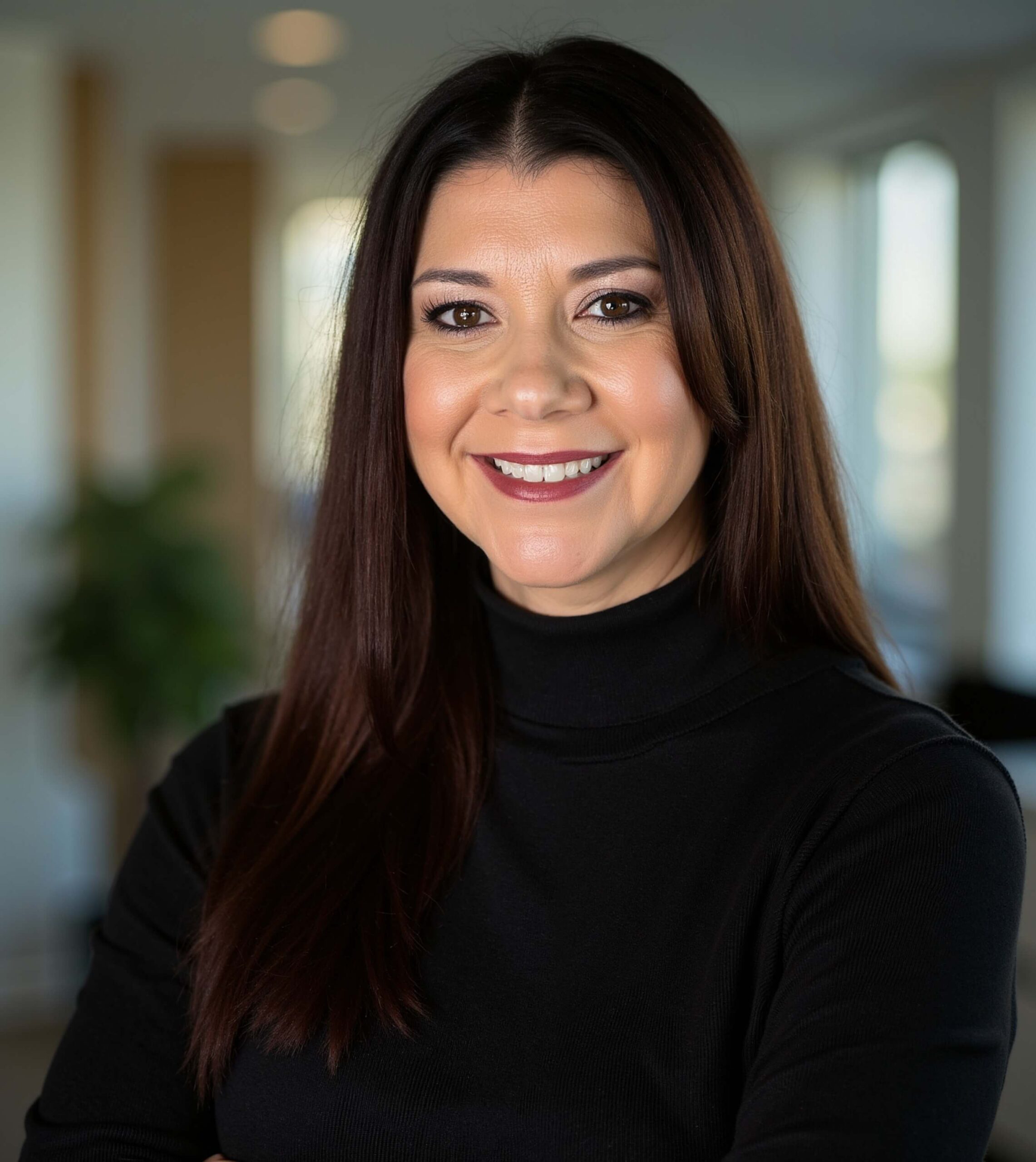 Woman with long dark hair wearing a black turtleneck sweater, smiling, standing indoors with a blurred office background.