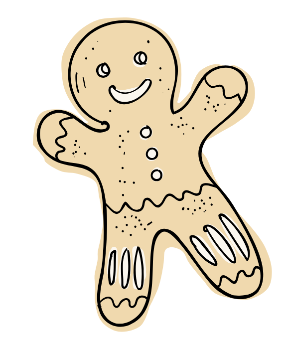 Illustration of a smiling gingerbread cookie shaped like a person, decorated with white icing details on the body and buttons.